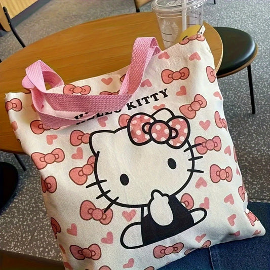 Hello Kitty Tote Bag – Pink Bows & Hearts, Large Capacity, Zipper Closure