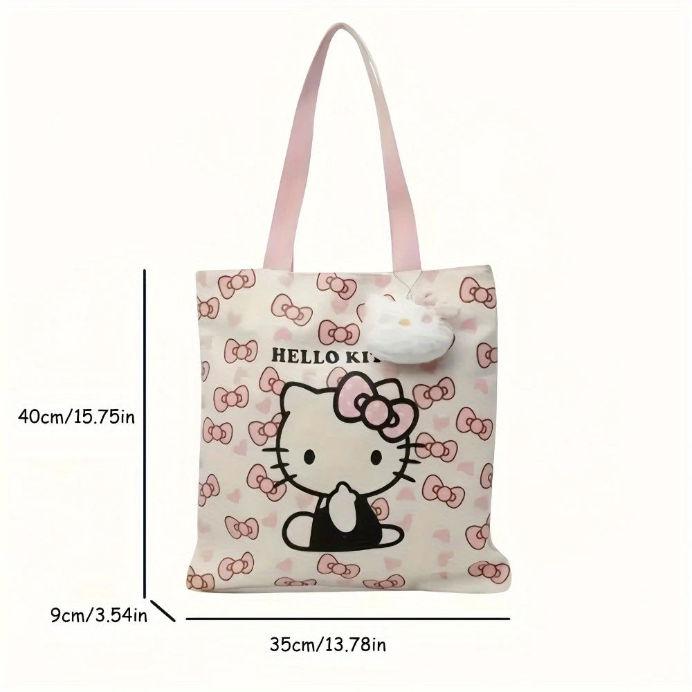 Hello Kitty Tote Bag – Pink Bows & Hearts, Large Capacity, Zipper Closure
