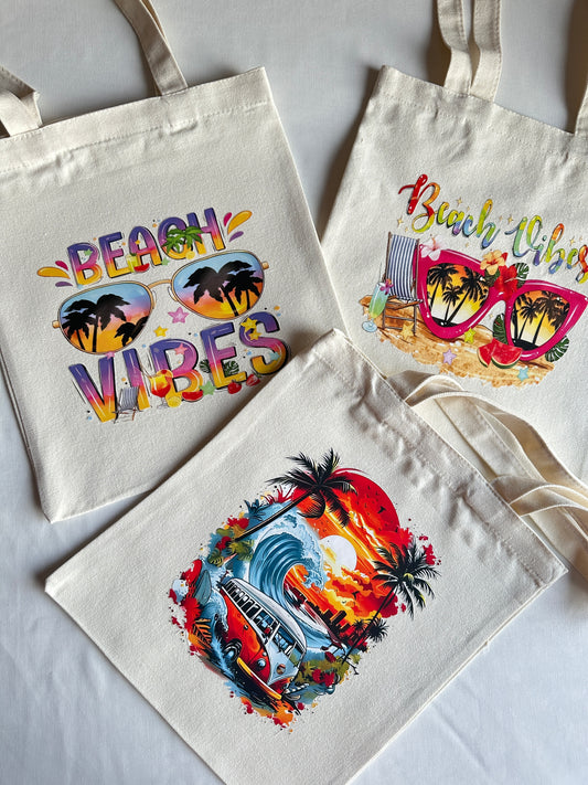 Summer Tote Bag – Beige Canvas Reusable Bag with One or Two-Sided Print