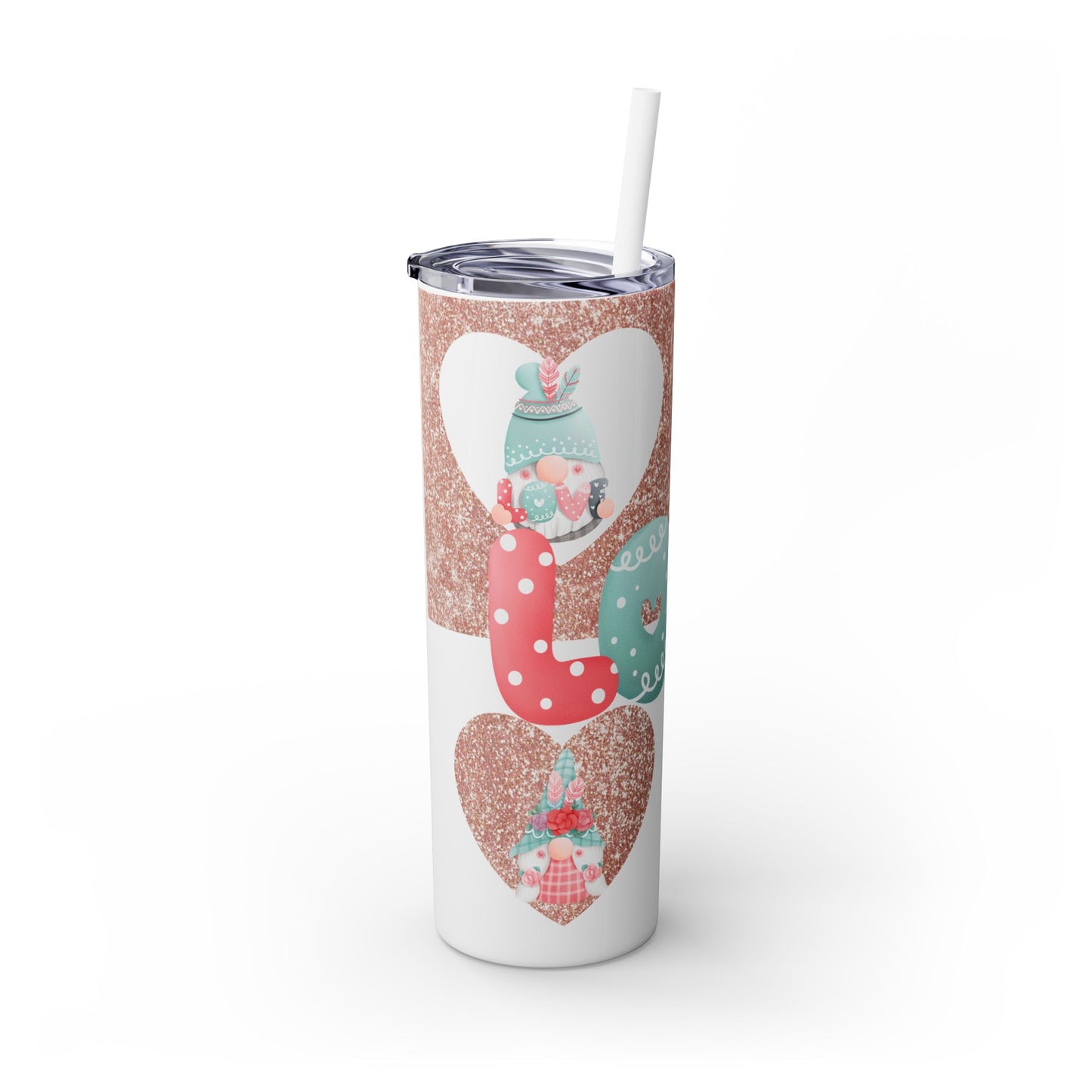 Gobelet en acier inoxydable Love Heart Gnome de 20 oz (600 ml) avec une paille en métal et une brosse