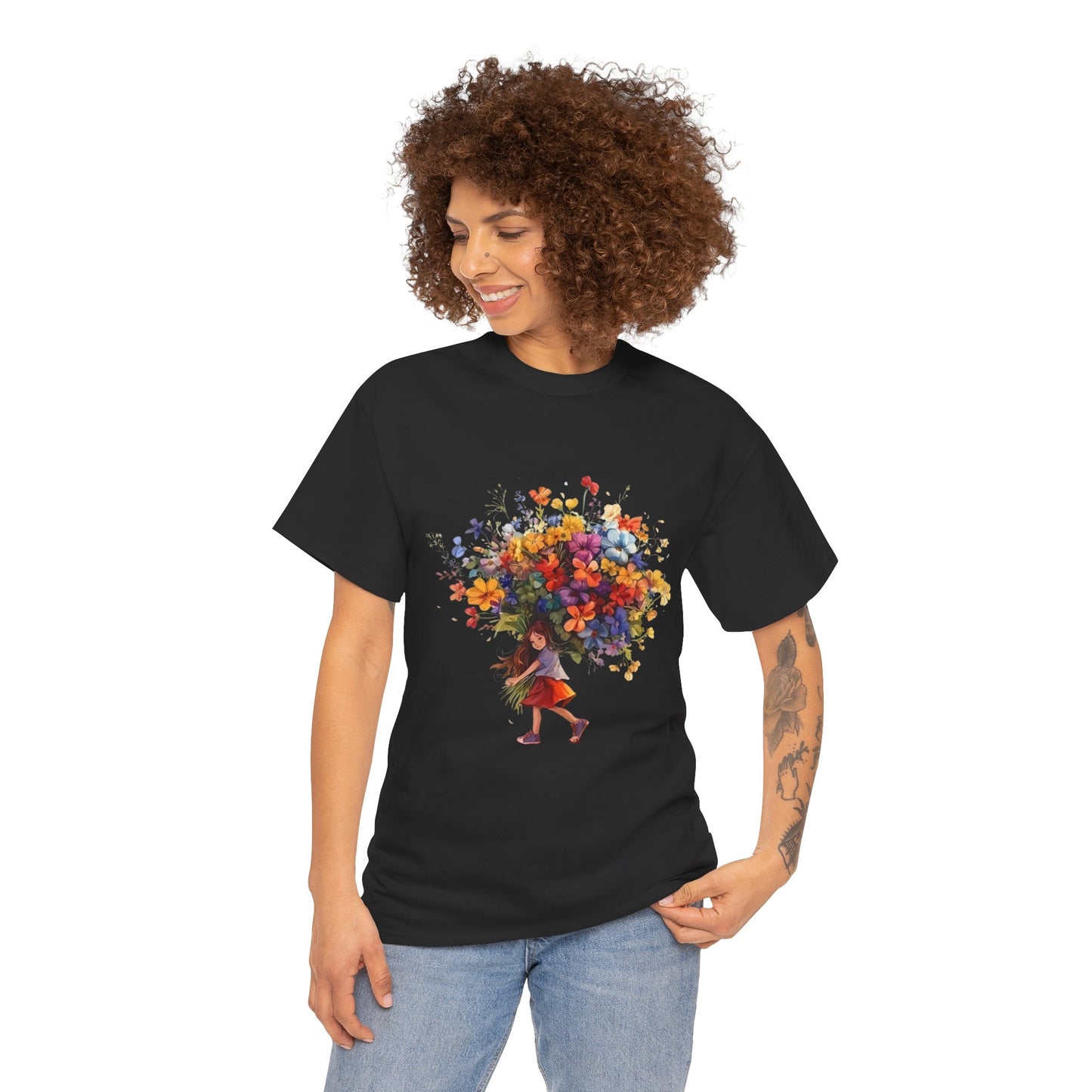 Girl with Flower Bouquet T-Shirt – Soft, Dreamy & Full of Blooming Charm