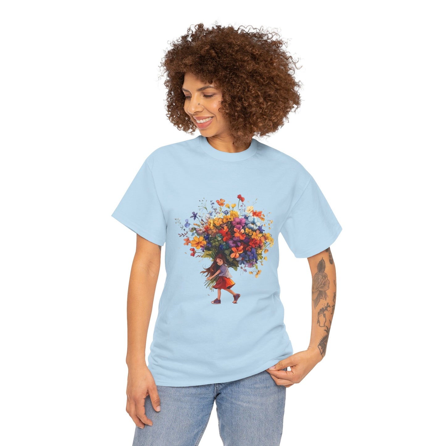 Girl with Flower Bouquet T-Shirt – Soft, Dreamy & Full of Blooming Charm