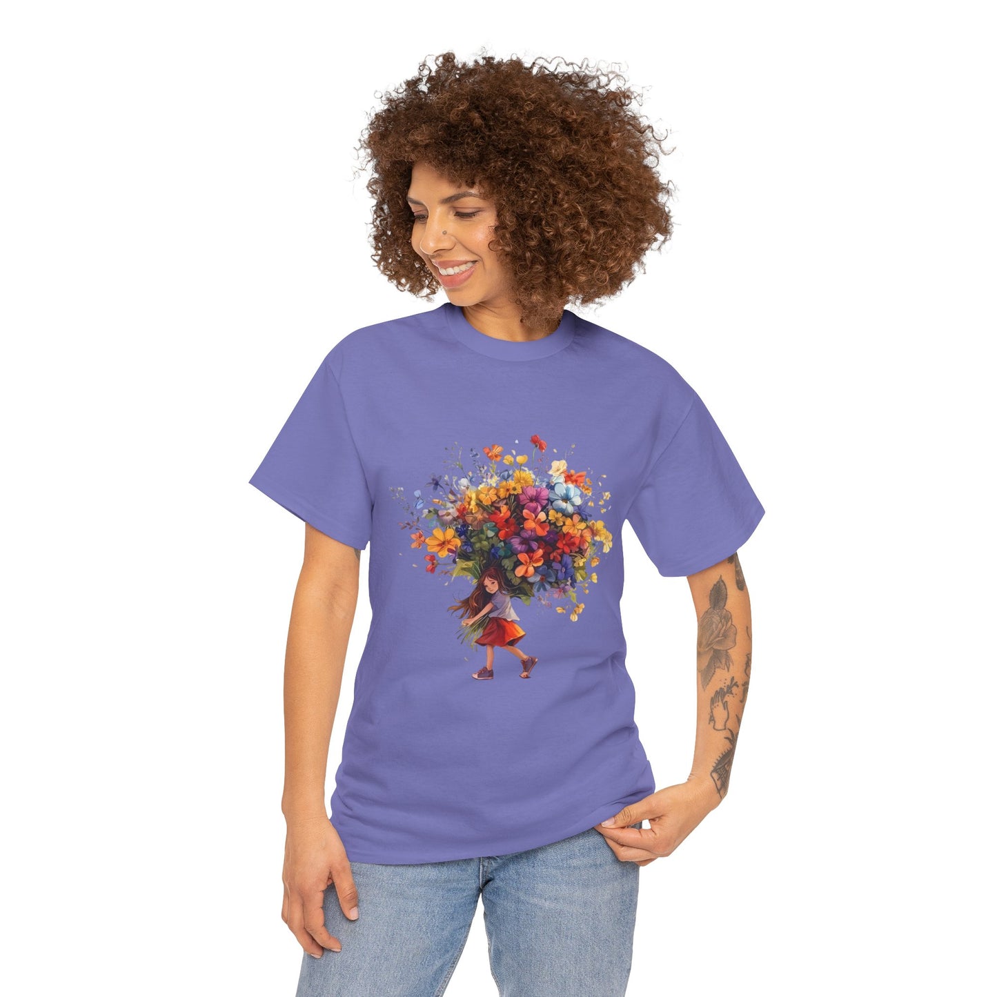 Girl with Flower Bouquet T-Shirt – Soft, Dreamy & Full of Blooming Charm