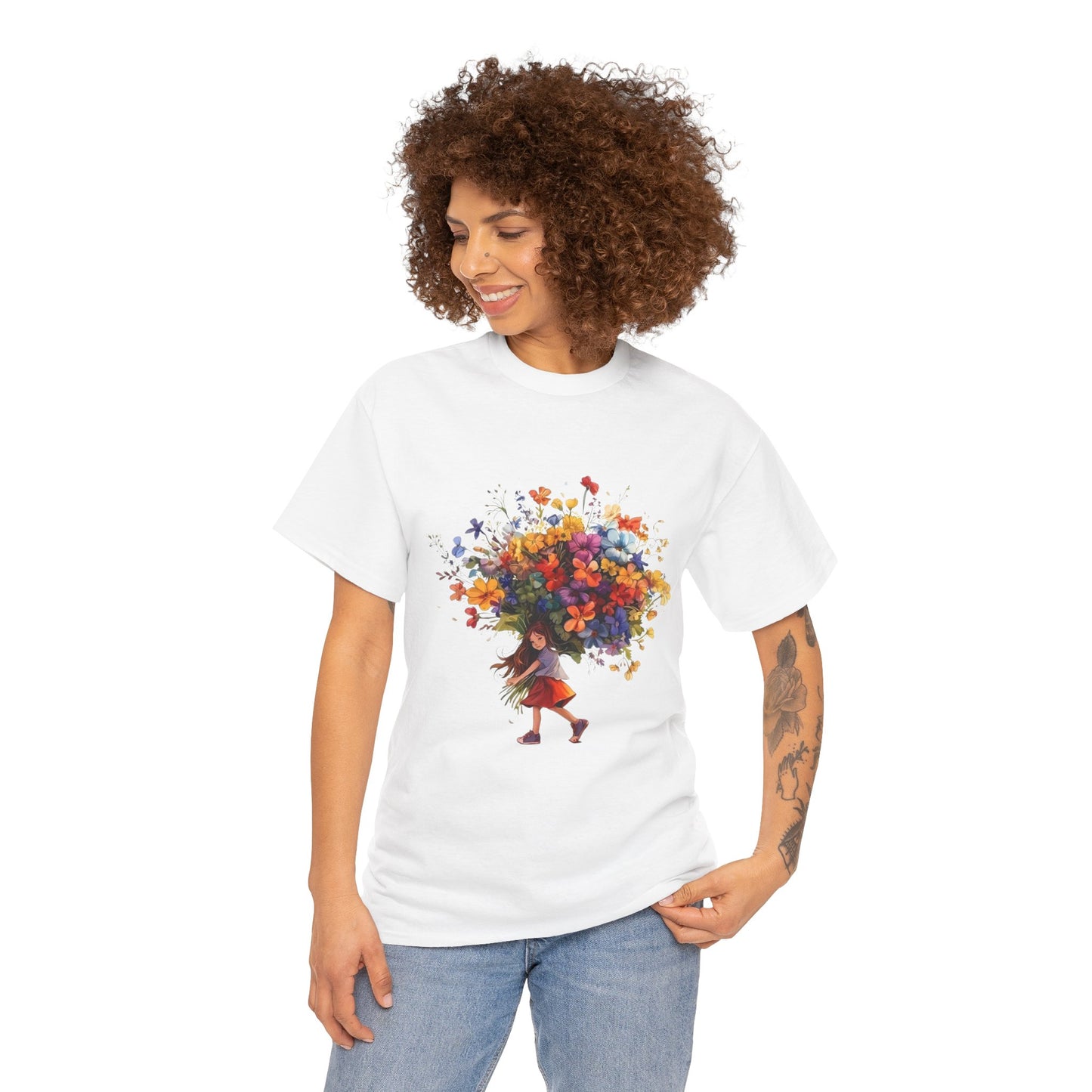 Girl with Flower Bouquet T-Shirt – Soft, Dreamy & Full of Blooming Charm