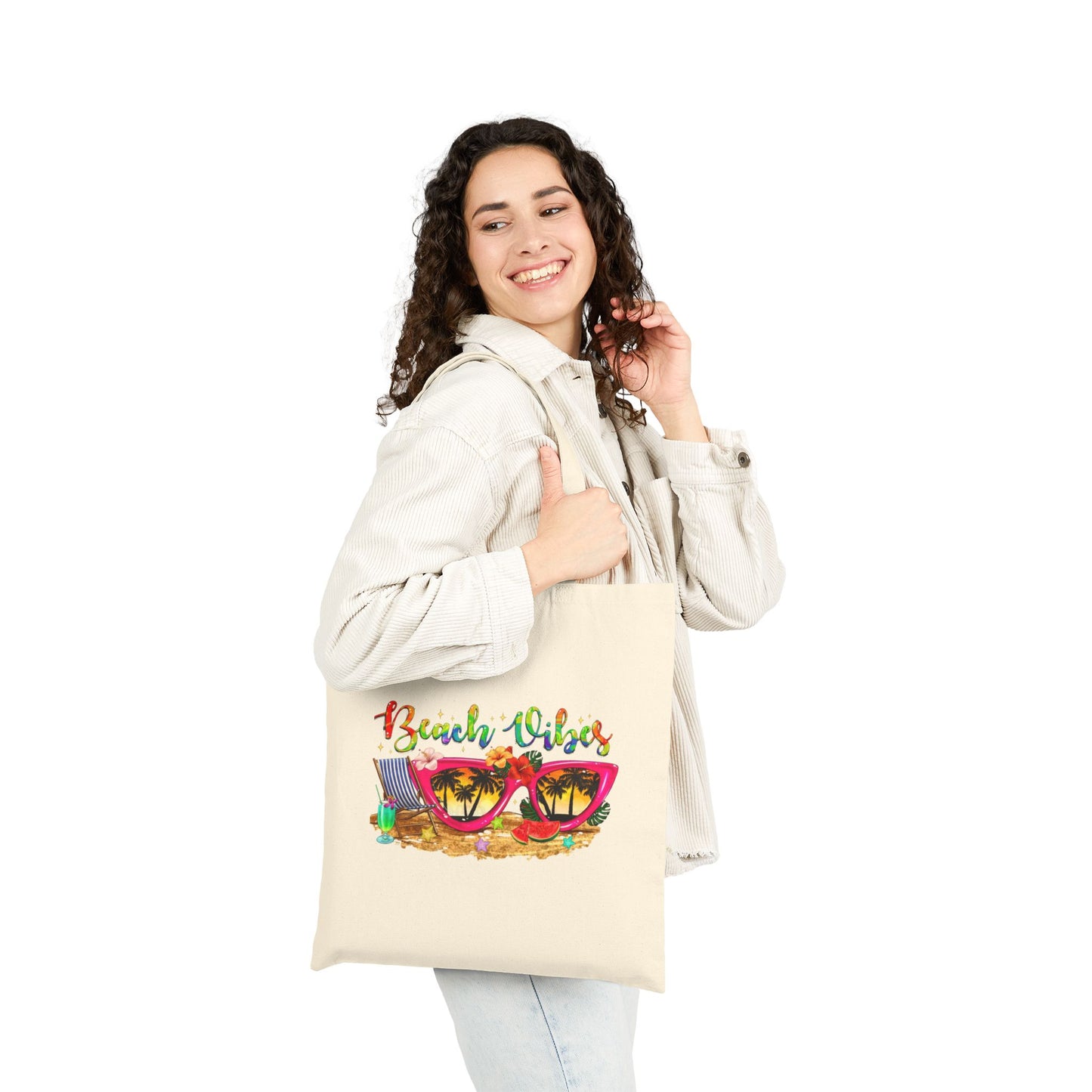 Summer Tote Bag – Beige Canvas Reusable Bag with One or Two-Sided Print