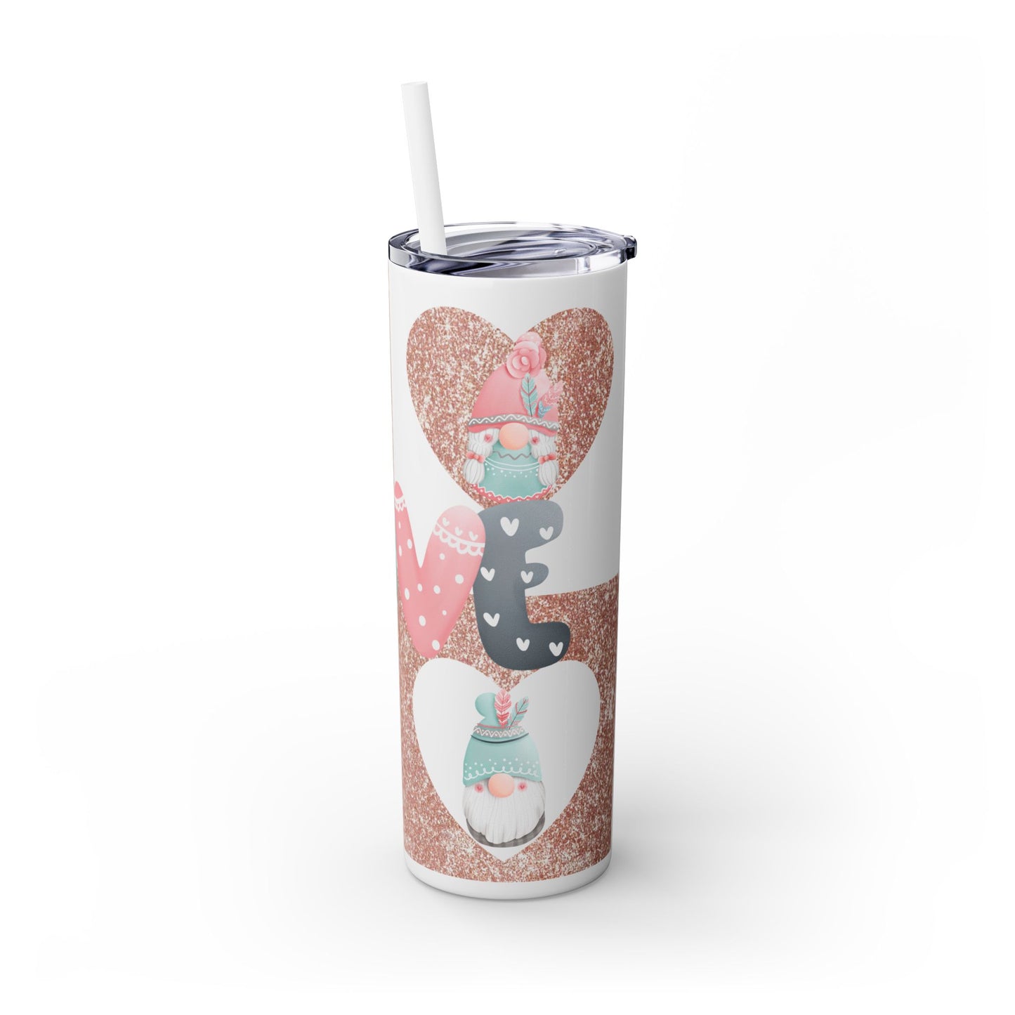 Gobelet en acier inoxydable Love Heart Gnome de 20 oz (600 ml) avec une paille en métal et une brosse