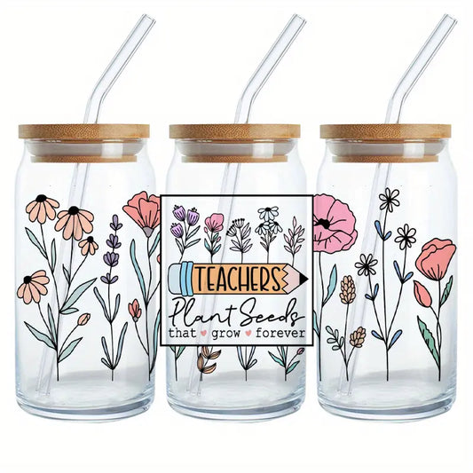 Teacher Glass Cup - 16oz/473ml Glass Tumbler with Bamboo Lid & Straw - Clear or Frosted