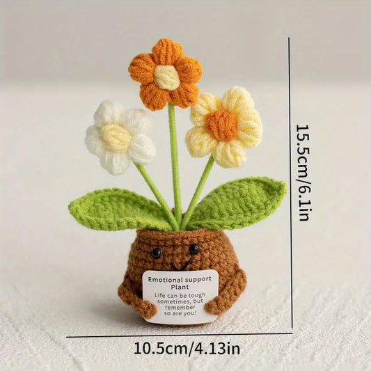 Handmade Mini Knitted Emotional Support Colorful Plant Pot Gift - Cute Crochet Forget-Me-Nots with Card