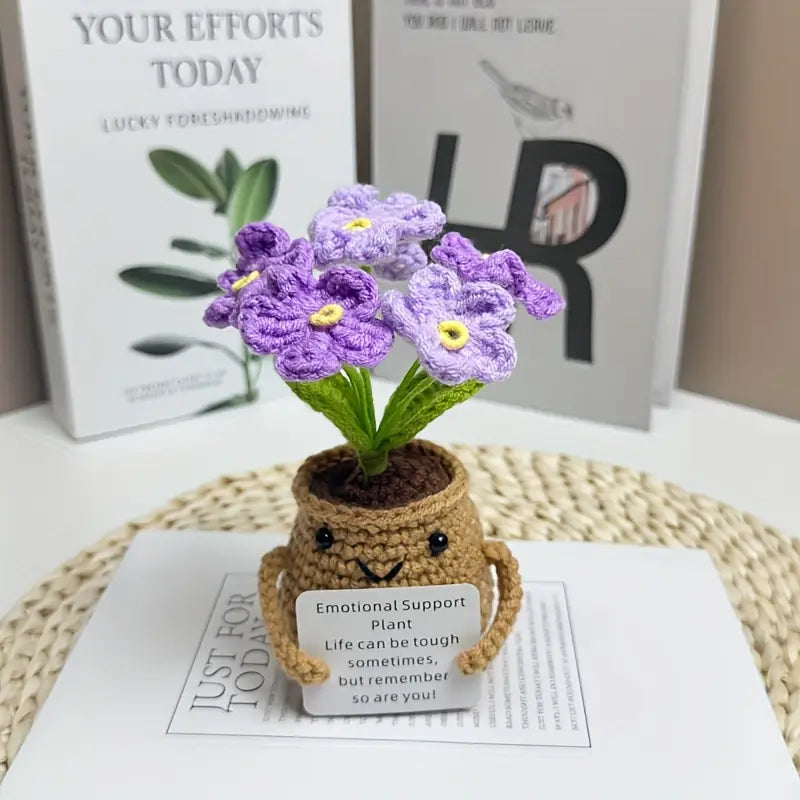Handmade Mini Knitted Emotional Support Purple Plant Pot Gift - Cute Crochet Forget-Me-Nots with Card