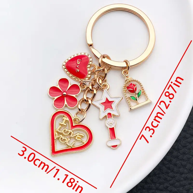 Red Heart & Rose Keychain – Elegant and Versatile