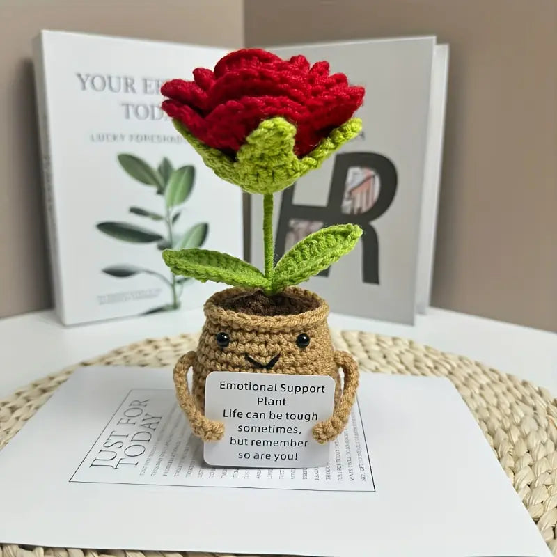 Handmade Crochet Rose Potted Plant with Inspirational Card