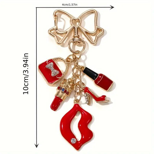 Chic Red Lip & High Heel Keychain with Bowtie Charm – Stylish Accessory for Bags, Backpacks, and Keys