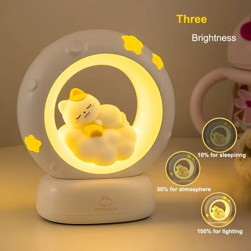 Cat's Moon Night Lamp – Cute LED Touch Control with 3 Brightness Modes, Rechargeable Table Lamp