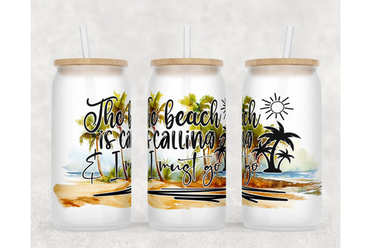 Beach Theme Glass Cup  – 16oz / 473ml Glass Tumbler with Bamboo Lid & Straw - Clear or Frosted