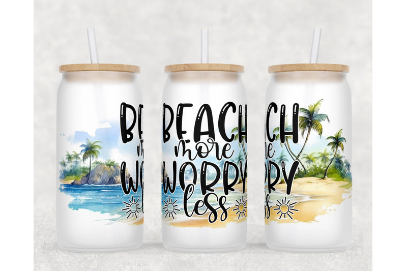 Beach Theme Glass Cup – 16oz / 473ml Glass Tumbler with Bamboo Lid & Straw - Clear or Frosted