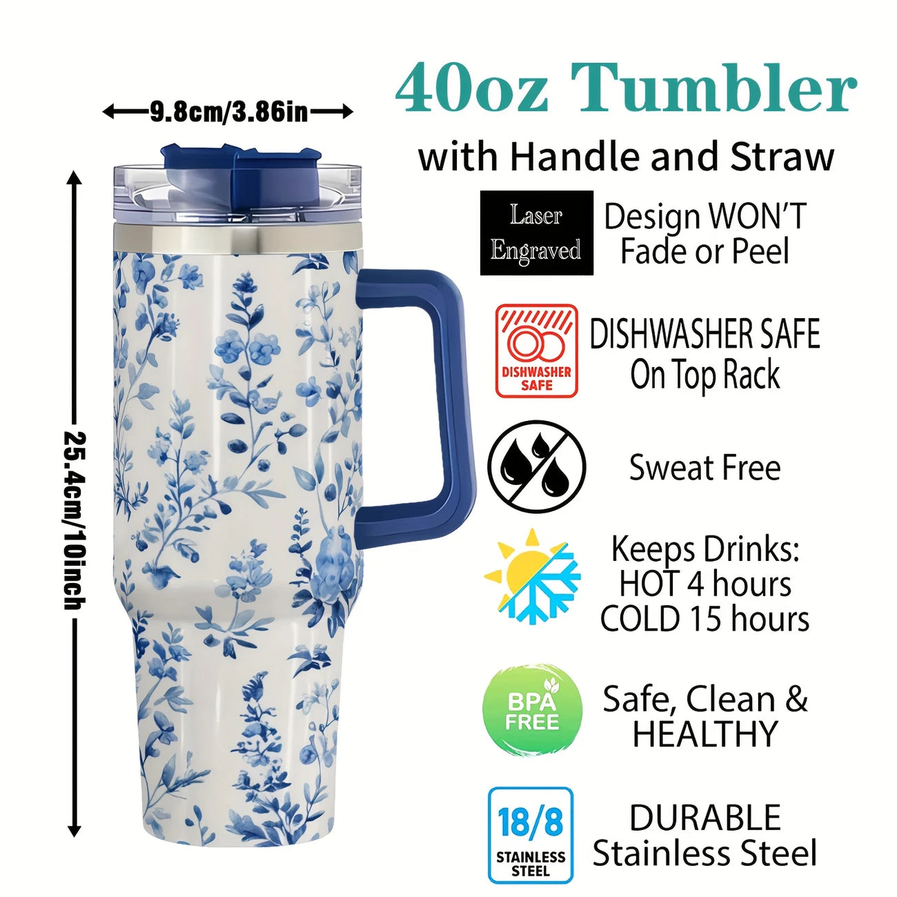Blue Floral 40oz Stainless Steel Tumbler with Straw – Insulated & Leakproof Travel Mug