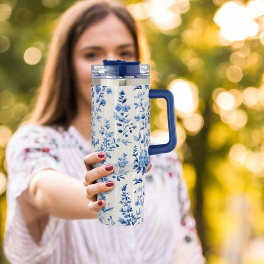 Blue Floral 40oz Stainless Steel Tumbler with Straw – Insulated & Leakproof Travel Mug