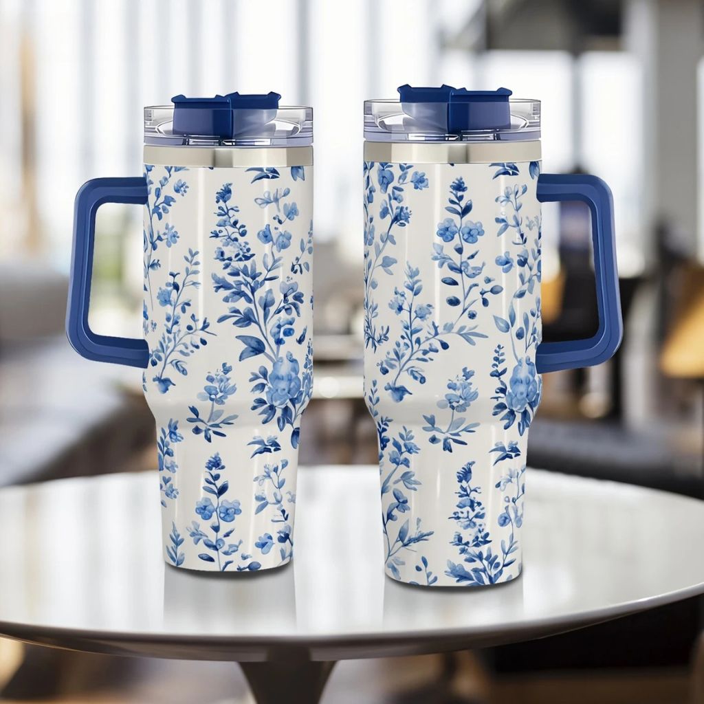 Blue Floral 40oz Stainless Steel Tumbler with Straw – Insulated & Leakproof Travel Mug