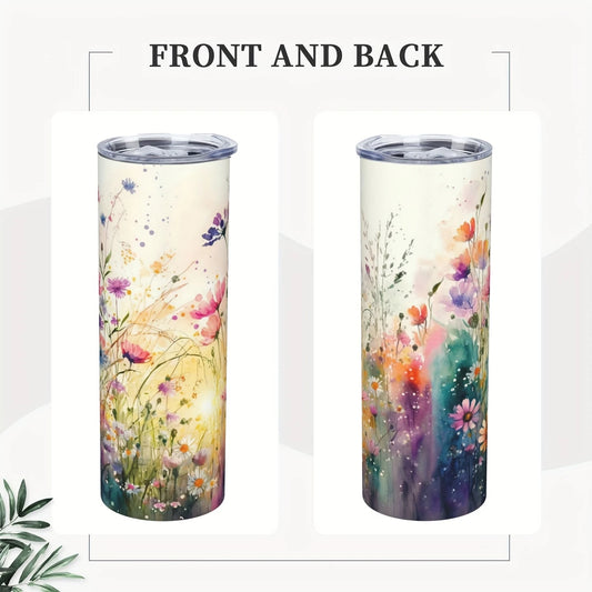 Boho Floral Skinny Tumbler – Insulated 20oz with Metal Straw & Brush