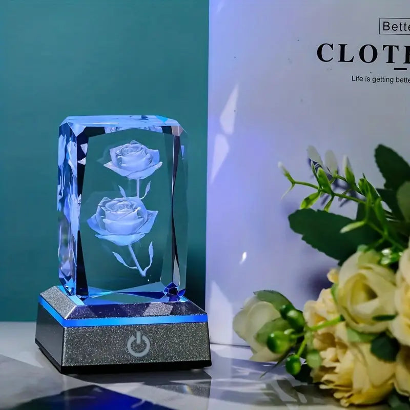 3D Rose Crystal Ball with Colorful LED Light Base – A Stunning Gift for Special Moments