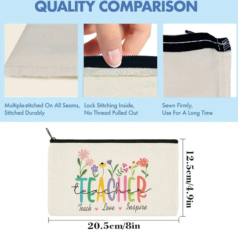 Preppy Teacher Canvas Pouch - Hand-Washable Cosmetic Bag with Zipper, Ideal for Travel, Classroom Essentials, and Gifts