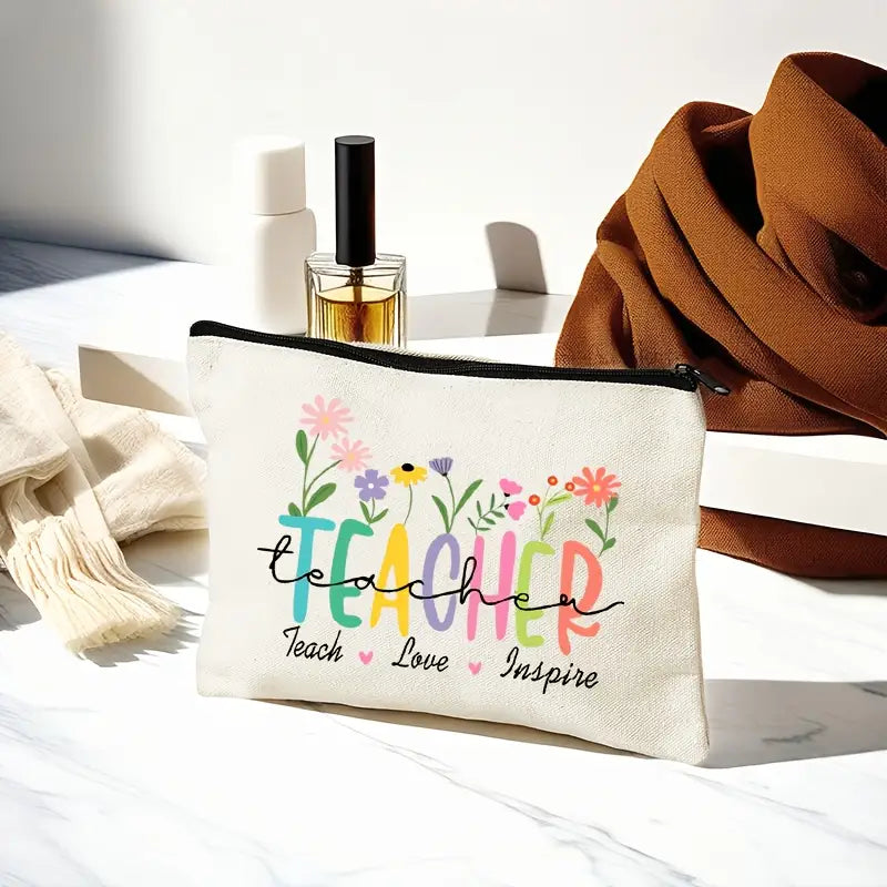 Preppy Teacher Canvas Pouch - Hand-Washable Cosmetic Bag with Zipper, Ideal for Travel, Classroom Essentials, and Gifts