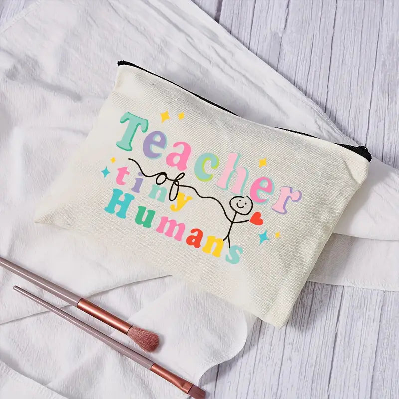 Preppy Teacher Canvas Pouch - Hand-Washable Cosmetic Bag with Zipper, Ideal for Travel, Classroom Essentials, and Gifts