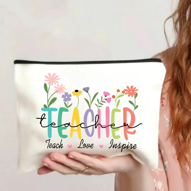 Preppy Teacher Canvas Pouch - Hand-Washable Cosmetic Bag with Zipper, Ideal for Travel, Classroom Essentials, and Gifts