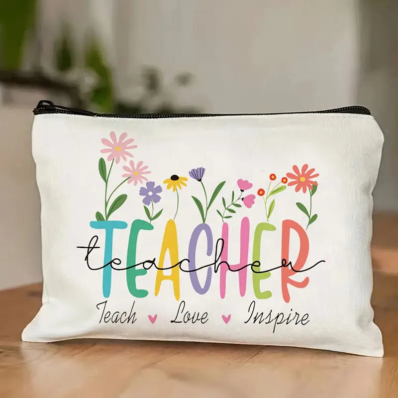 Preppy Teacher Canvas Pouch - Hand-Washable Cosmetic Bag with Zipper, Ideal for Travel, Classroom Essentials, and Gifts