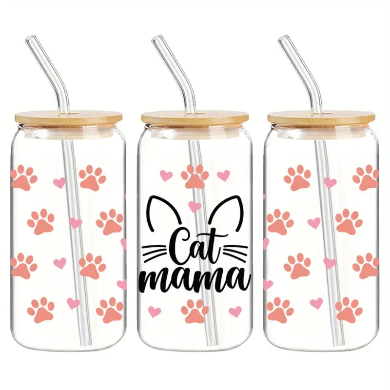 Cat Mama Glass Cup – 16oz / 473ml Glass Tumbler with Bamboo Lid & Straw - Clear or Frosted