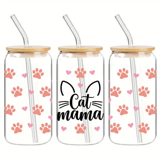 Cat Mama Glass Cup – 16oz / 473ml Glass Tumbler with Bamboo Lid & Straw - Clear or Frosted
