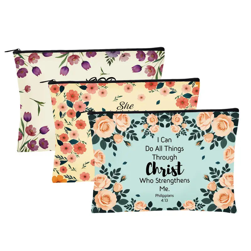 Inspirational Floral Makeup Pouch - Hand-Washable Zippered Bag for Cosmetics, Toiletries, and Travel Essentials