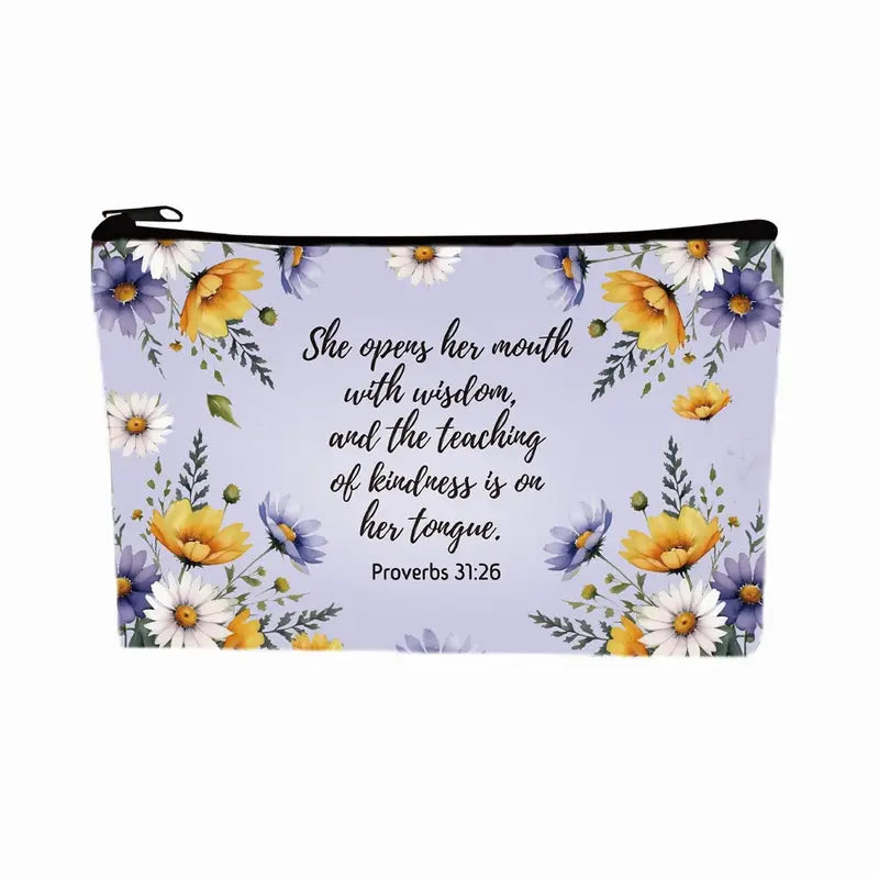 Inspirational Floral Makeup Pouch - Hand-Washable Zippered Bag for Cosmetics, Toiletries, and Travel Essentials