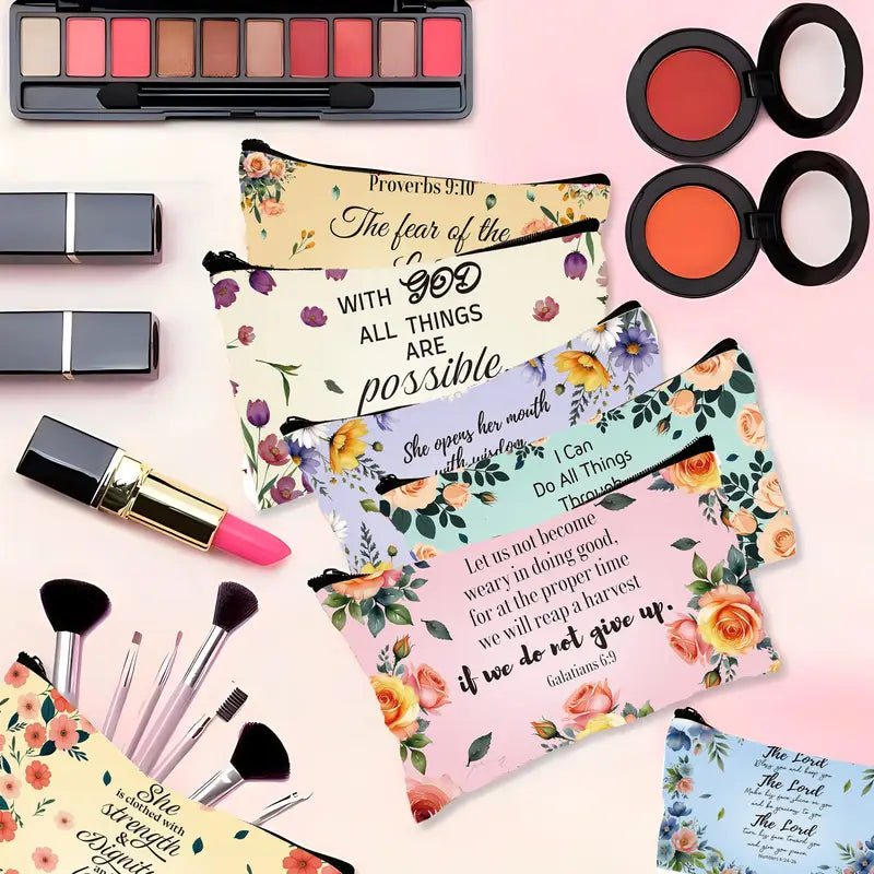 Inspirational Floral Makeup Pouch - Hand-Washable Zippered Bag for Cosmetics, Toiletries, and Travel Essentials