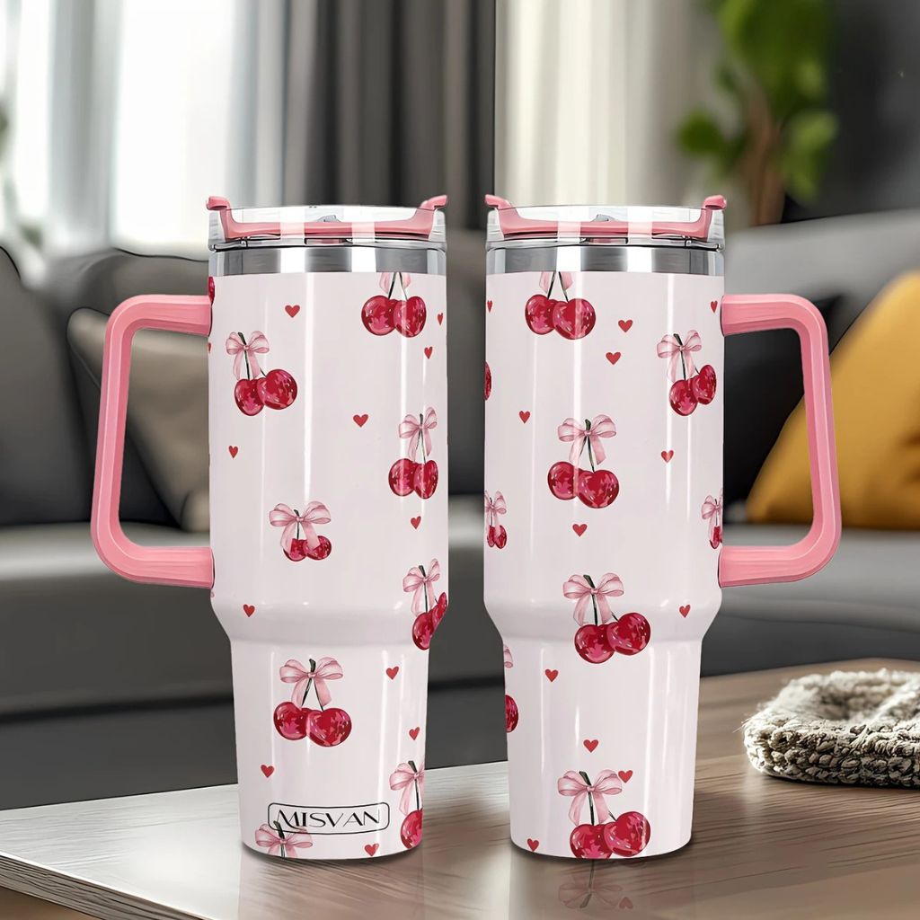 Cherry Pink 40oz Stainless Steel Tumbler with Sraw – Insulated & Leakproof Travel Mug