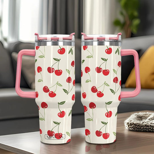 Cherry Pink 40oz Stainless Steel Tumbler with Sraw – Insulated & Leakproof Travel Mug