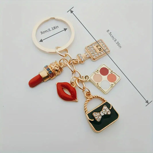 Elegant Cosmetic-Themed Enamel Keychain with Lipstick, Eyeshadow, and Handbag Charms