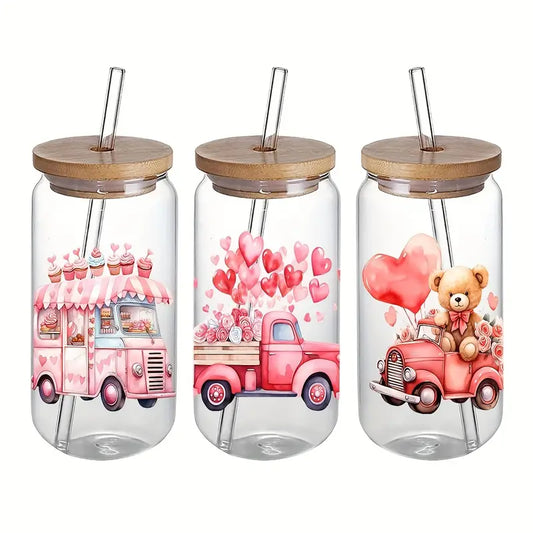 Truck Love Glass Cup – 16oz / 473ml Glass Tumbler with Bamboo Lid & Straw - Clear or Frosted