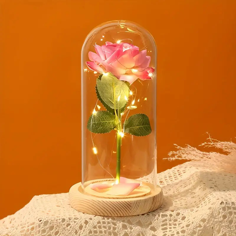 Eternal Rose in Glass Dome with LED Lights – Romantic Gift & Decor with Wooden Base