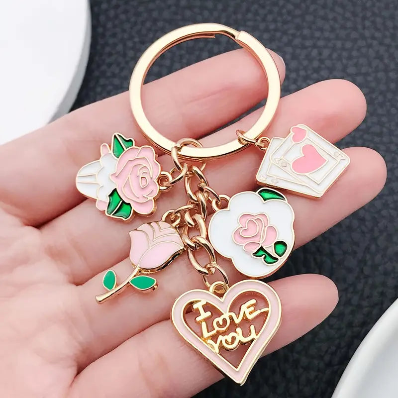 Pink Heart & Love Charm Keychain – Romantic & Stylish