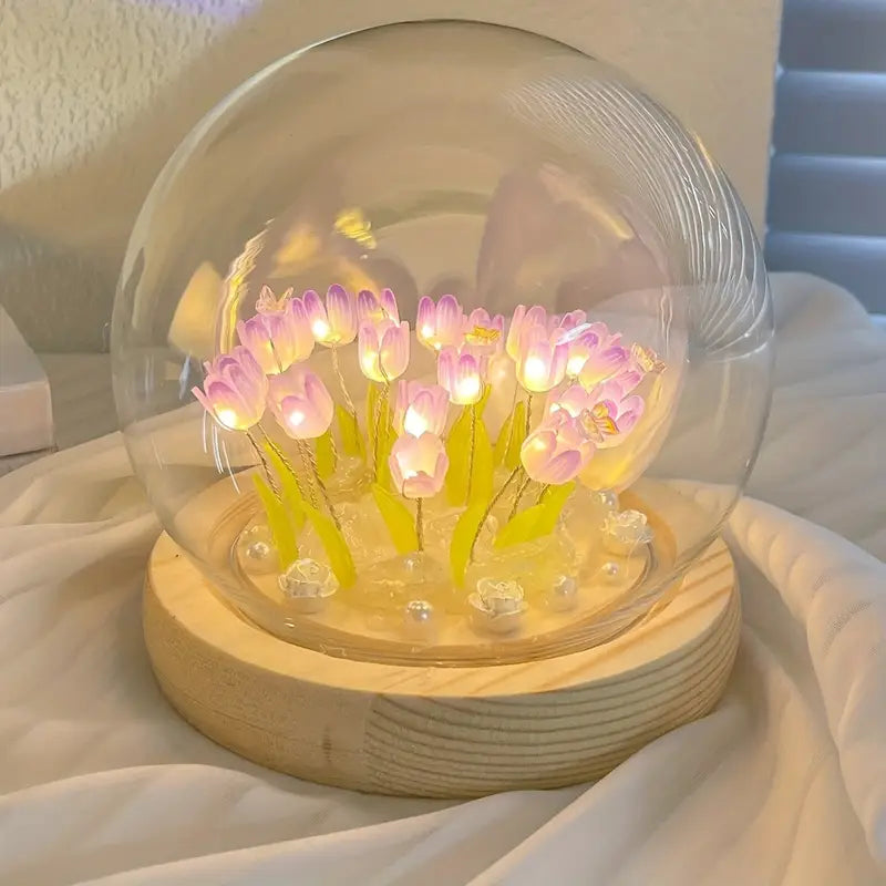 Assembled Tulip Night Light Dome - Romantic Floral LED Desk Lamp