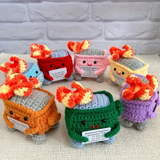 Handmade Crochet Emotional Support Dumpster Fire – A Whimsical Symbol of Humor and Resilience