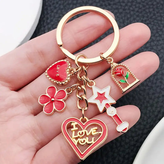 Red Heart & Rose Keychain – Elegant and Versatile