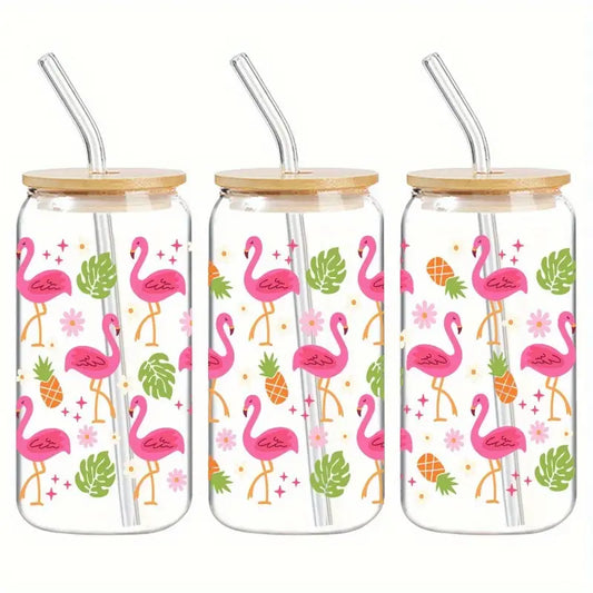 Flamingo & Pineapple Glass Cup – 16oz / 473ml Glass Tumbler with Bamboo Lid & Straw - Clear or Frosted