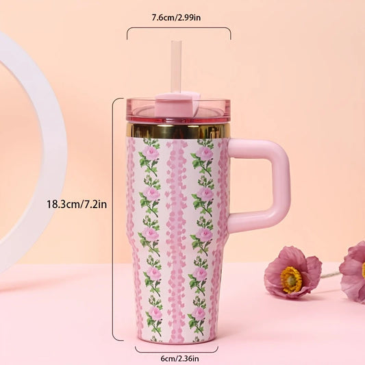 Vaso térmico de acero inoxidable con diseño floral rosa de 14 oz y pajita: a prueba de fugas y sin BPA.