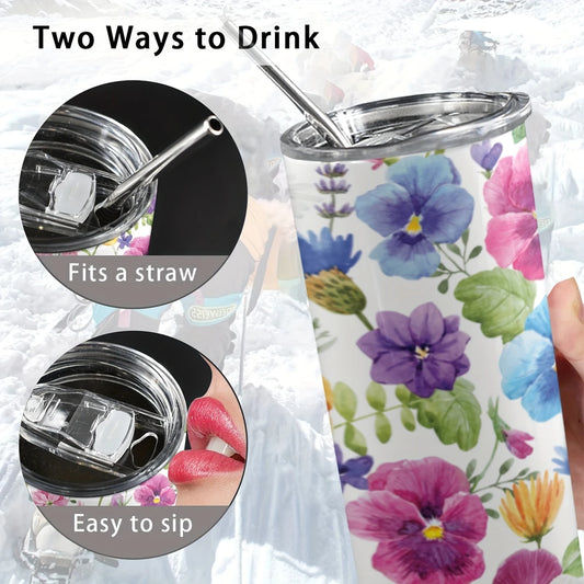 Chic Floral Skinny Tumbler – Insulated 20oz with Metal Straw & Brush