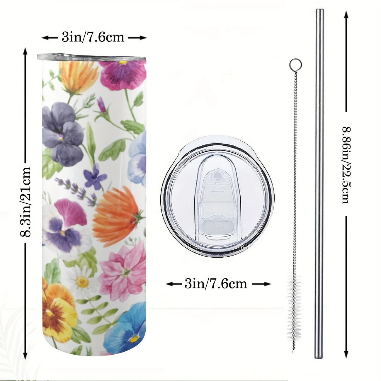 Chic Floral Skinny Tumbler – Insulated 20oz with Metal Straw & Brush
