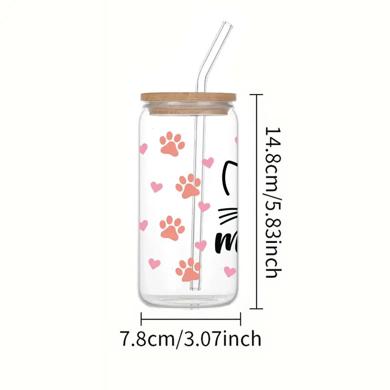 Cat Mama Glass Cup – 16oz / 473ml Glass Tumbler with Bamboo Lid & Straw - Clear or Frosted