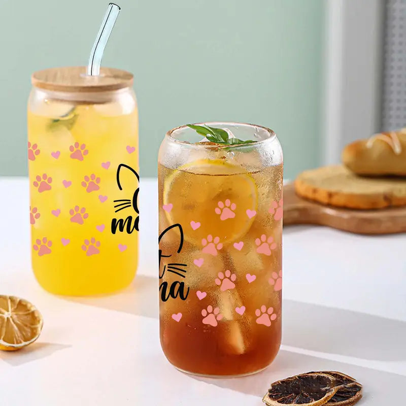 Cat Mama Glass Cup – 16oz / 473ml Glass Tumbler with Bamboo Lid & Straw - Clear or Frosted