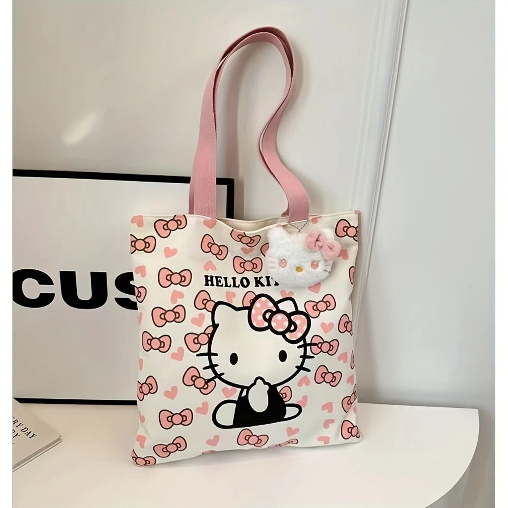 Hello Kitty Tote Bag – Pink Bows & Hearts, Large Capacity, Zipper Closure